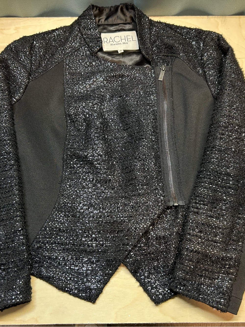 RACHEL Rachel Roy Black Textured Tweed Asymmetrical Zip Jacket